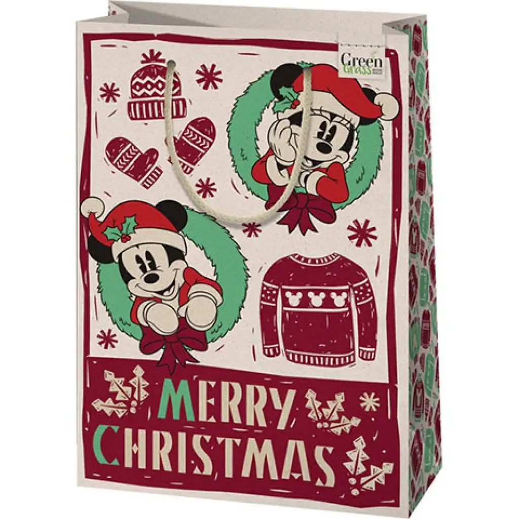imagen de Bolsa de regalo premium grande de Mickey Mouse de césped verde para Navidad 26x14x33cm 1