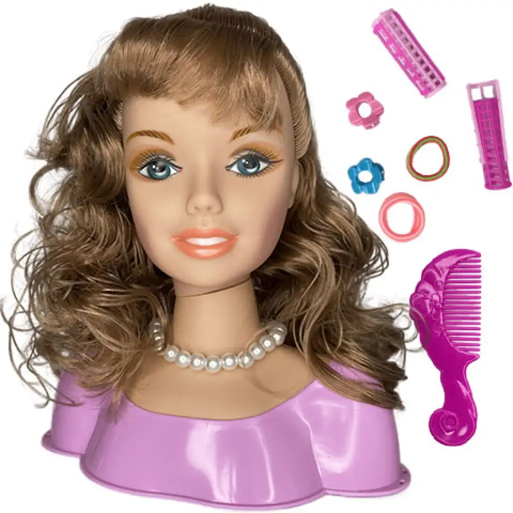 imagen de Cabeza de muñeca peinable con cabello castaño y collar de perlas con accesorios 2