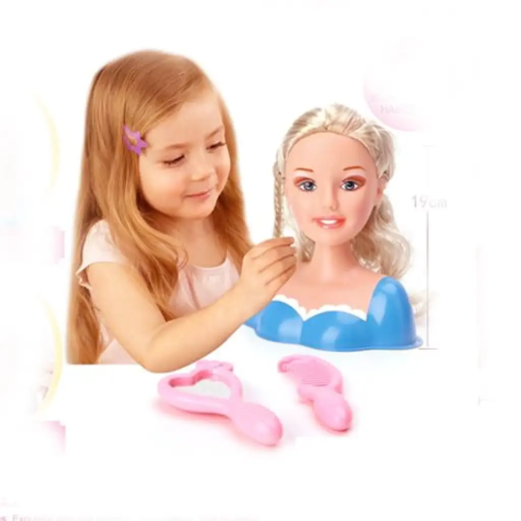 imagen de Cabeza de muñeca peinable con cabello rubio largo y dos tipos de ropa con accesorios 1
