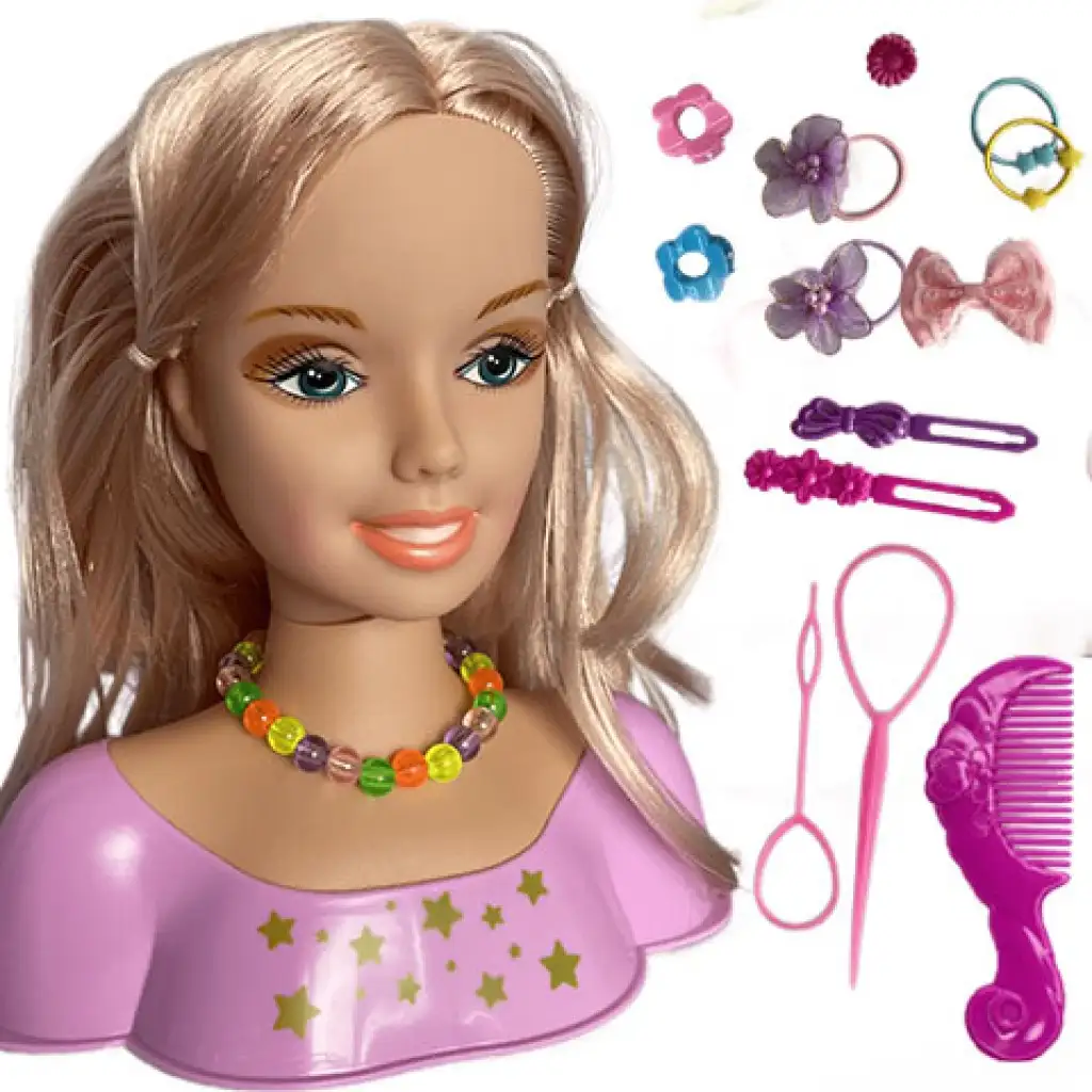 imagen de Cabeza de muñeca peinable con cabello rubio, lazos y accesorios 2