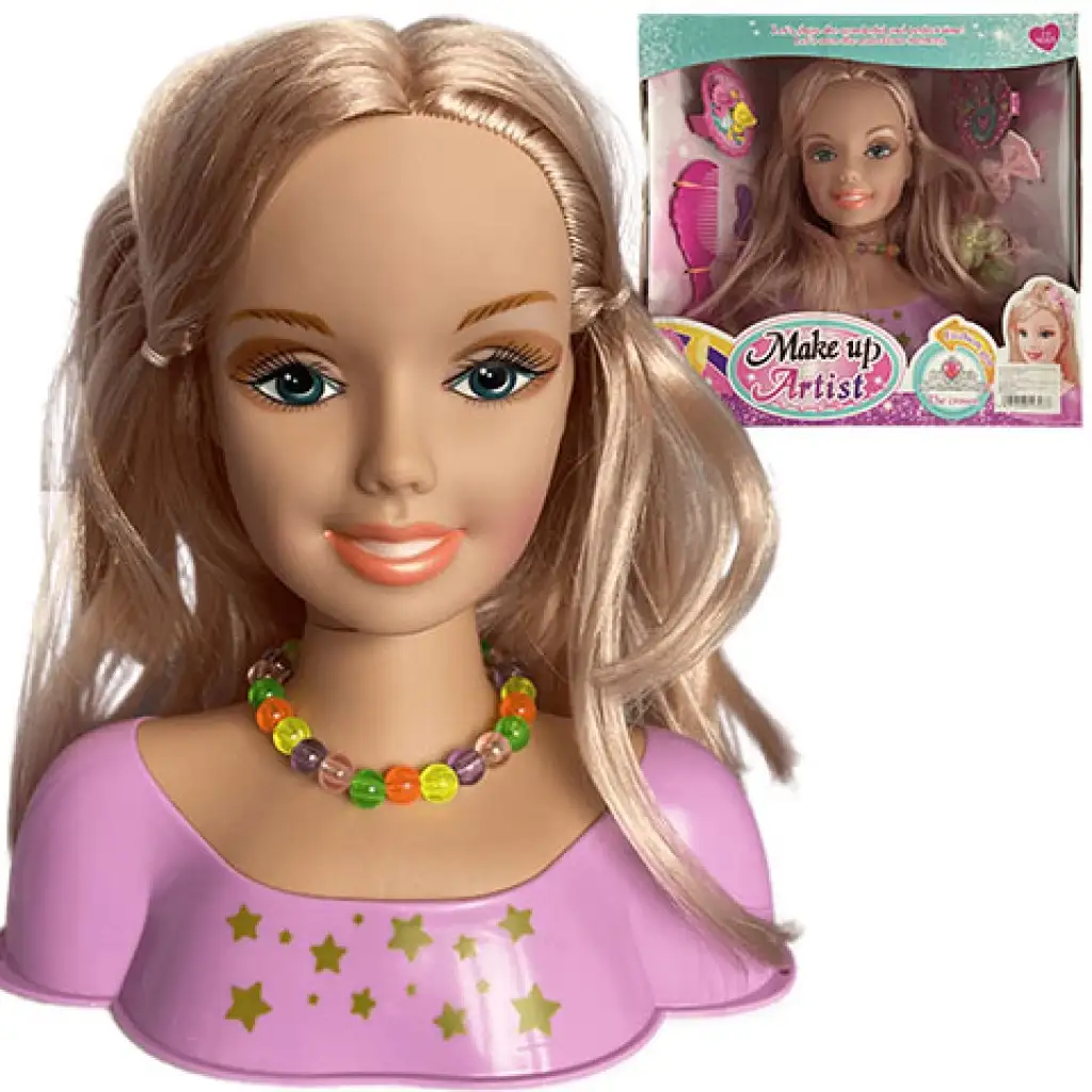 imagen de Cabeza de muñeca peinable con cabello rubio, lazos y accesorios 1