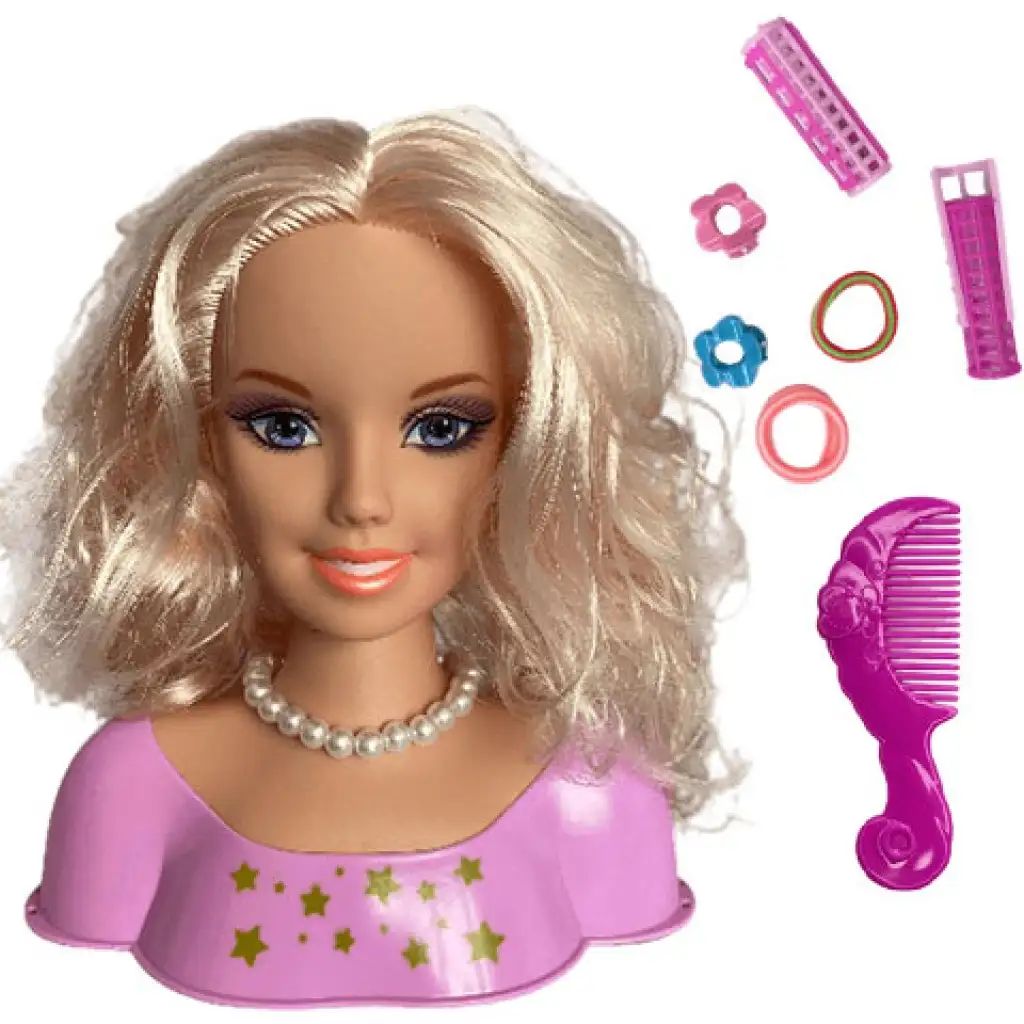 imagen de Cabeza de muñeca rubia de pelo largo peinable con collar de perlas y accesorios 2