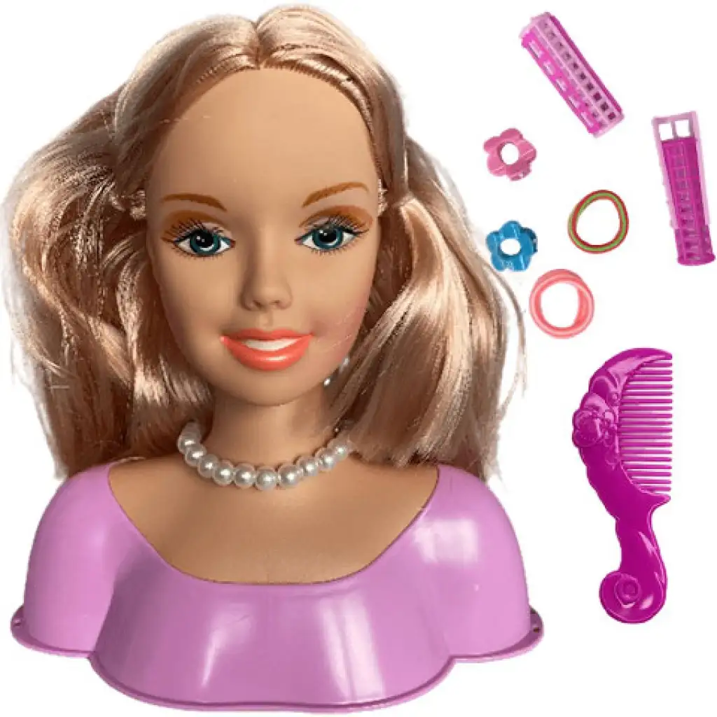 imagen de Cabeza de muñeca rubia de pelo largo peinable con rizadores y accesorios 2