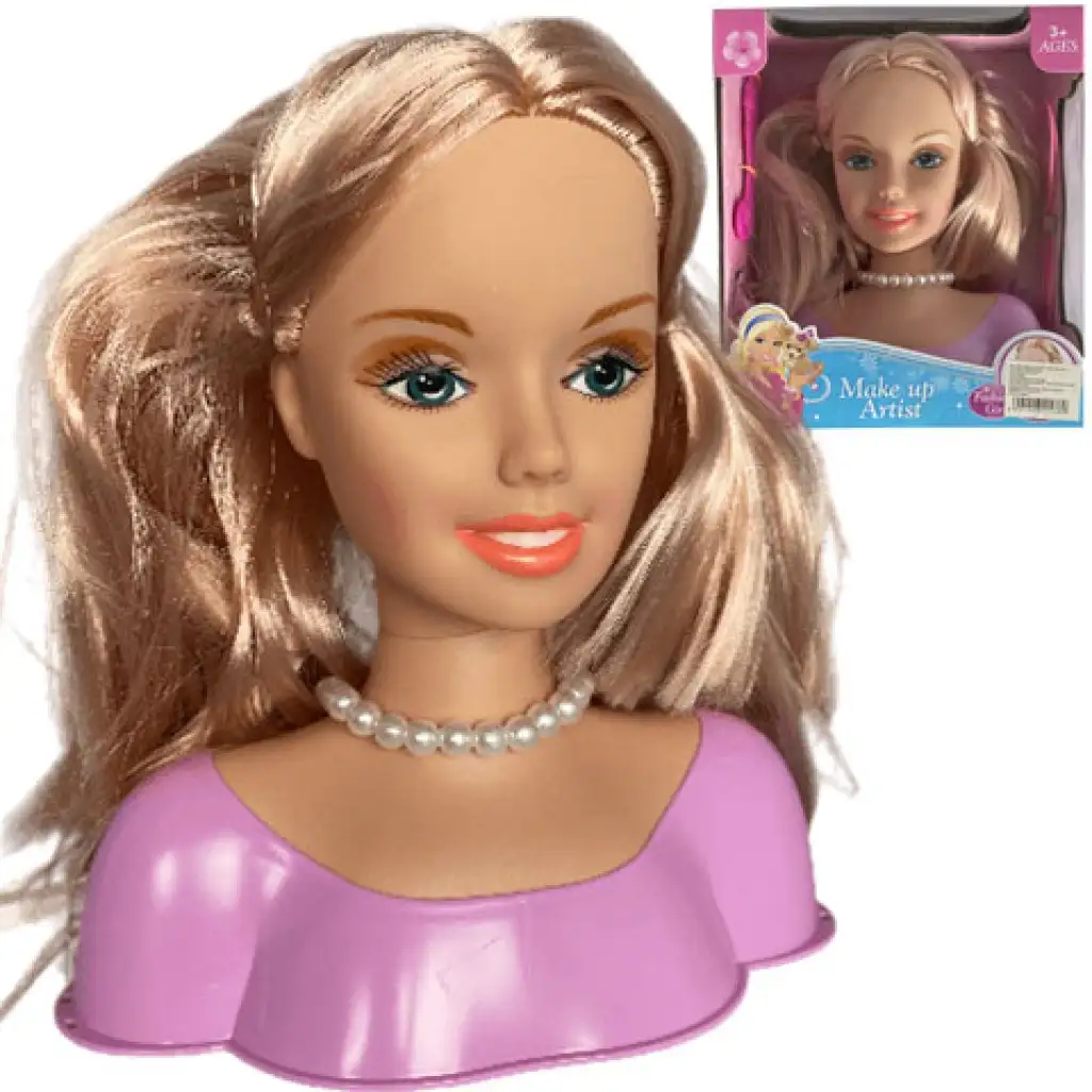 imagen de Cabeza de muñeca rubia de pelo largo peinable con rizadores y accesorios 1