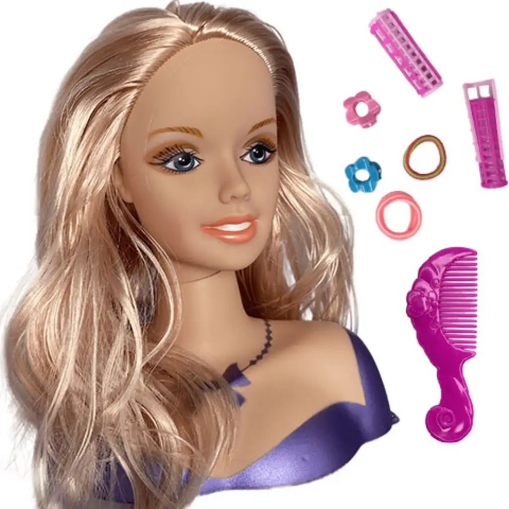 imagen de Cabeza de muñeca rubia peinable con rulos y accesorios 2