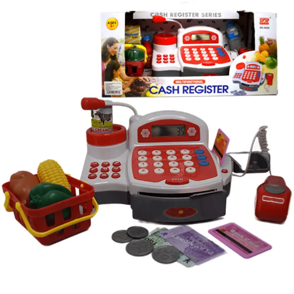 imagen de Caja registradora eléctrica funcional roja con dinero de juguete, productos y sonido 2