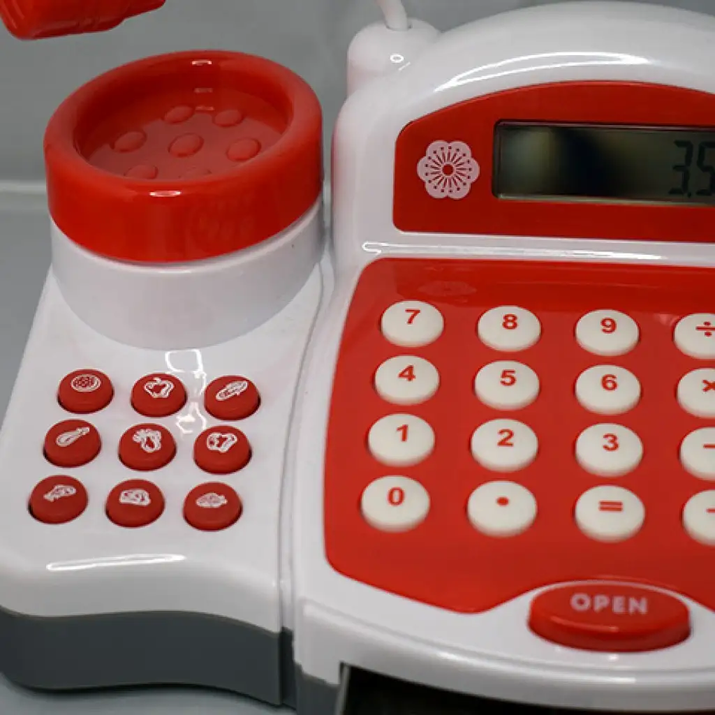 imagen de Caja registradora eléctrica funcional roja con dinero de juguete, productos y sonido 5