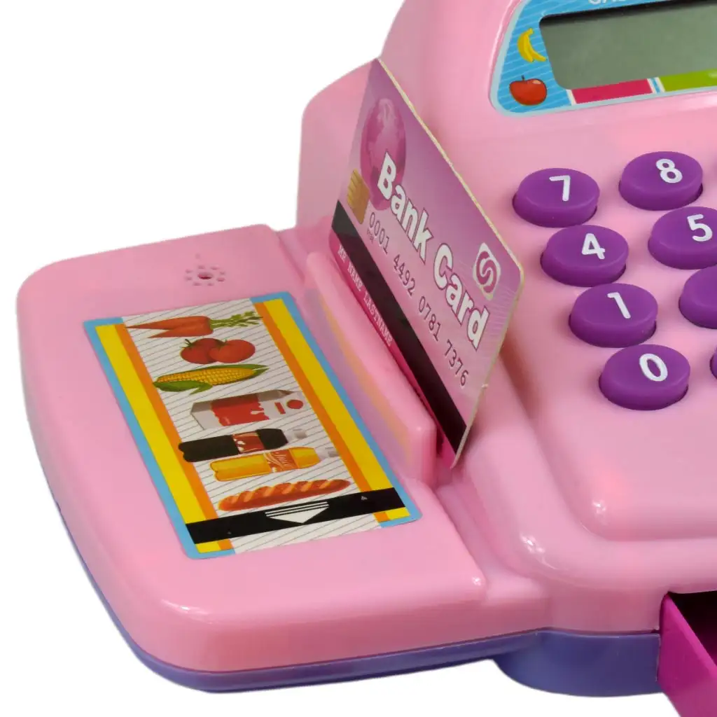 imagen de Caja registradora electrónica rosa con luz y sonido, con dinero de juguete 25x14cm 2