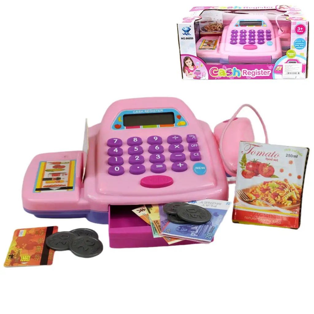imagen de Caja registradora electrónica rosa con luz y sonido, con dinero de juguete 25x14cm 1