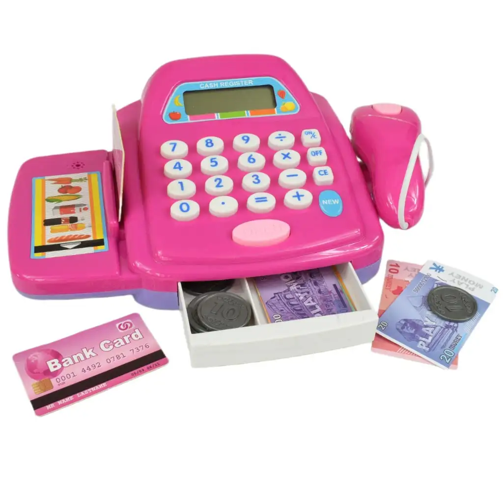 imagen de Caja registradora rosa con luz y sonido, accesorios y dinero de juguete 24cm 2