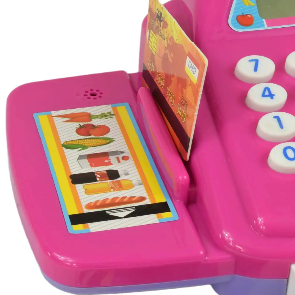 imagen de Caja registradora rosa con luz y sonido, accesorios y dinero de juguete 24cm 4