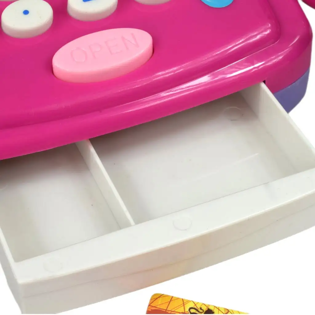 imagen de Caja registradora rosa con luz y sonido, accesorios y dinero de juguete 24cm 6