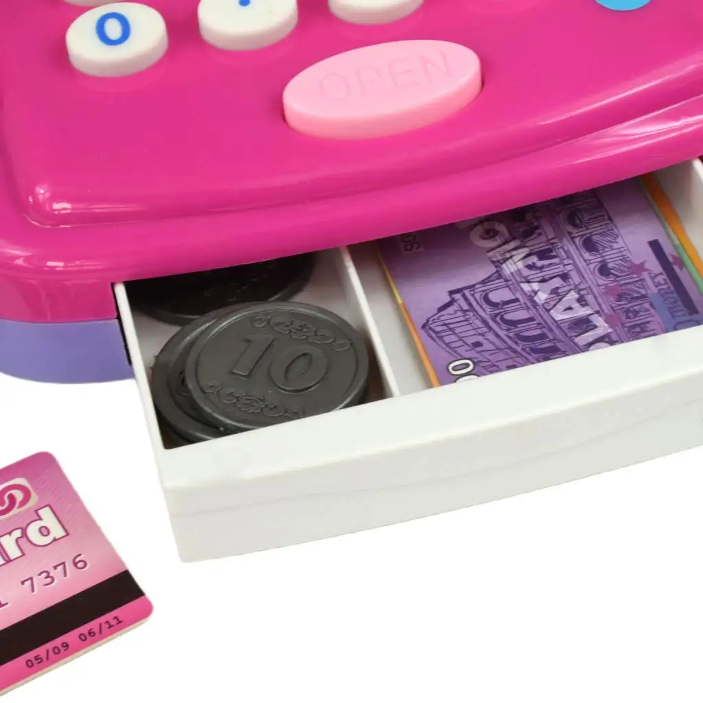 imagen de Caja registradora rosa con luz y sonido, accesorios y dinero de juguete 24cm 7