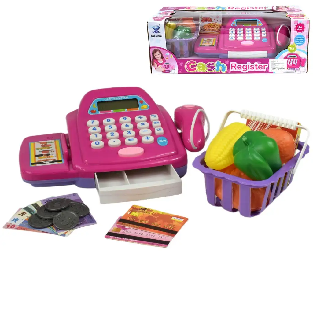 imagen de Caja registradora rosa con luz y sonido, accesorios y dinero de juguete 24cm 1