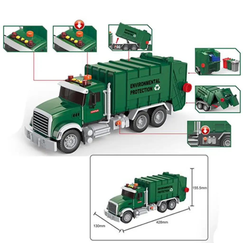imagen de Camión de basura ToyStar verde con efectos de luz y sonido 42cm 2