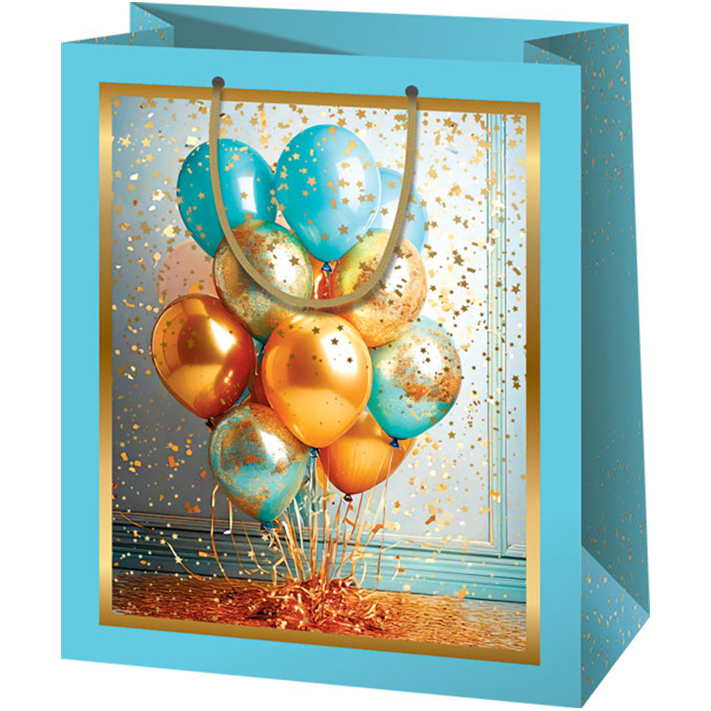 imagen de Cardex: Bolsa de regalo exclusiva mediana de globos azul-dorado 18x10x23cm 1