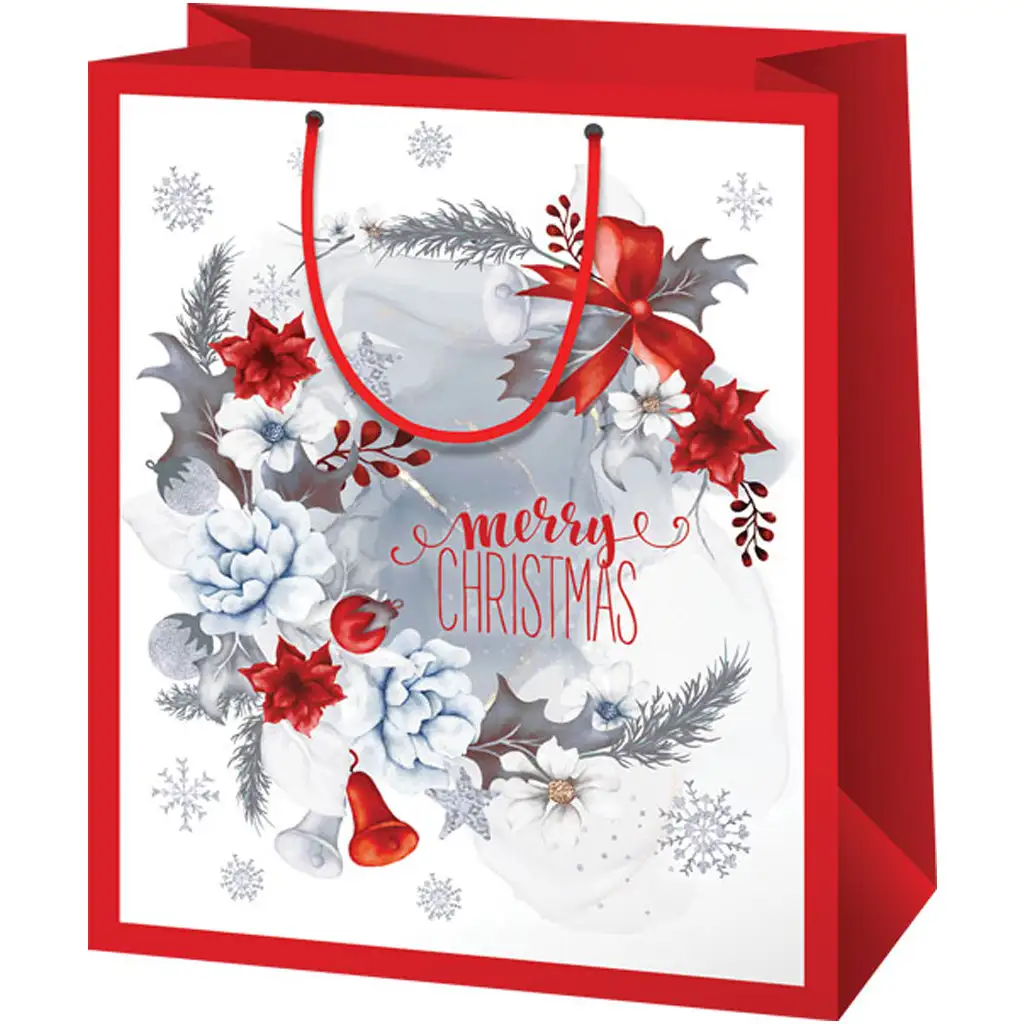 imagen de Cardex: Bolsa de regalo mediana con diseño de campanas en rojo y blanco 17x10x23cm 1