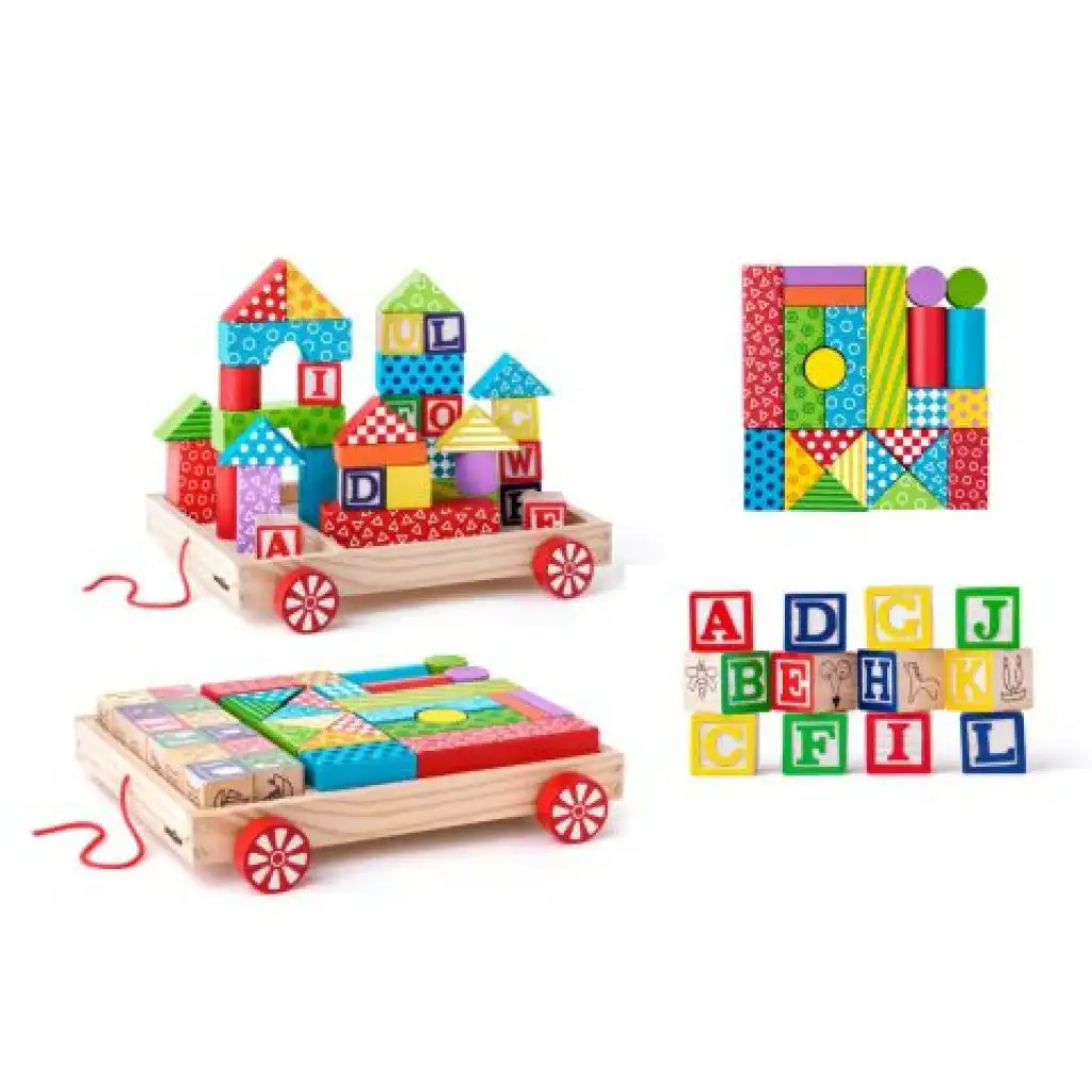 imagen de Carrito de arrastre de madera con bloques de construcción y letras 2