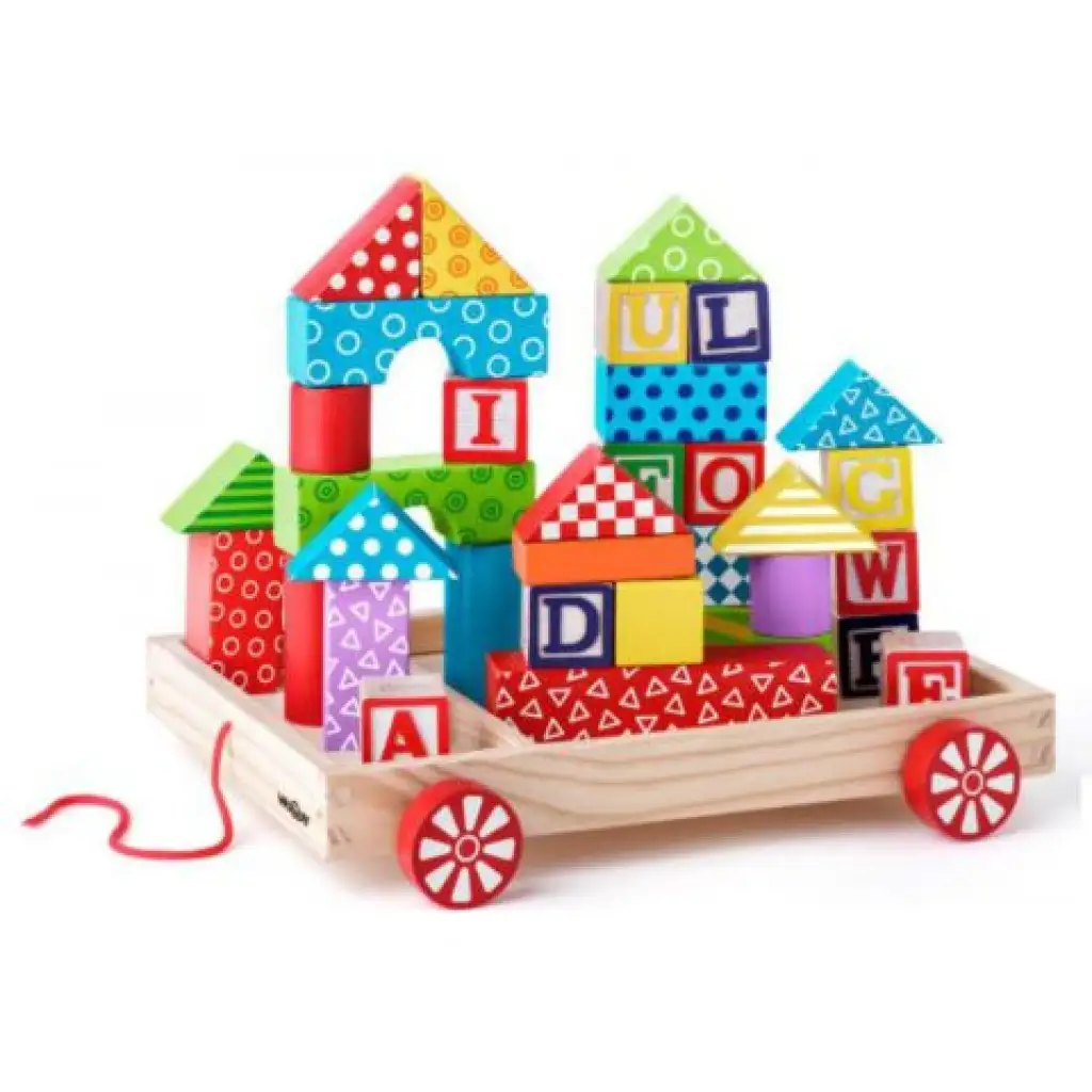 imagen de Carrito de arrastre de madera con bloques de construcción y letras 1