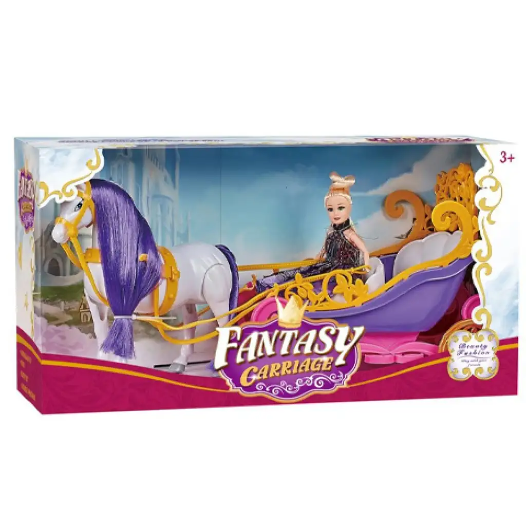 imagen de Carruaje de Fantasía Carroza abierta con caballo y muñeca 1