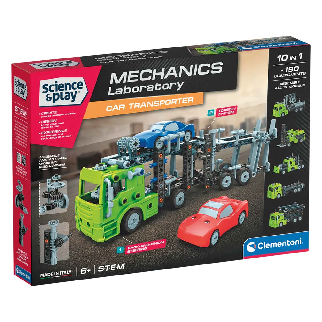 imagen de Ciencia y Juego: Taller Mecánico - Kit de Construcción de Transporte de Autos de Dos Niveles - Clementoni 1