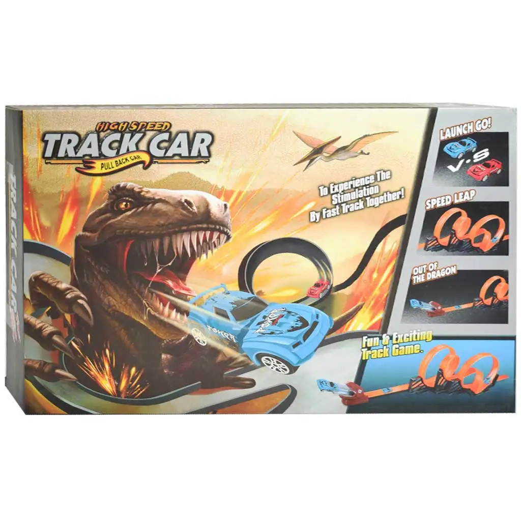 imagen de Coche de pista: Set de pista de carreras de dinosaurios 2 piezas con bucle de 360 grados y 2 coches de retroceso 1/64 3