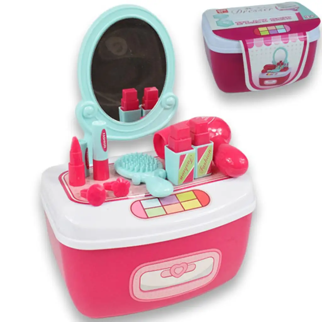 imagen de Conjunto de belleza con mesa de tocador con espejo y maquillaje en caja de almacenamiento 1