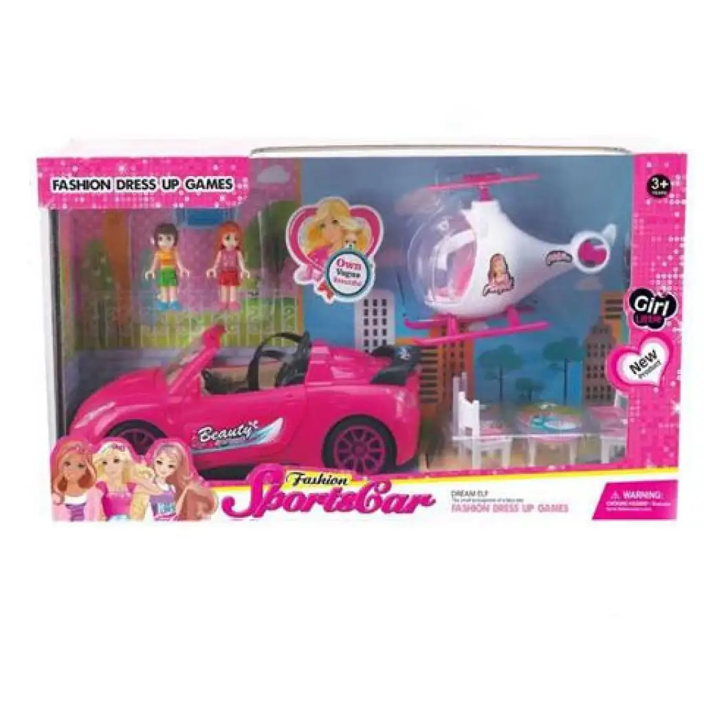 imagen de Conjunto de coche deportivo rosa iluminado con helicóptero y accesorios 1