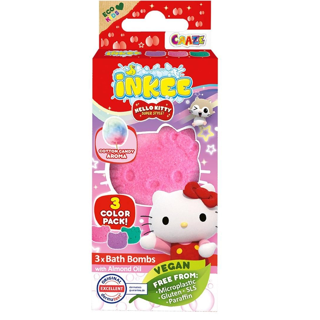 imagen de Craze Inkee: Formas de bomba de baño veganas - Hello Kitty con aroma a algodón de azúcar 3 unidades 1