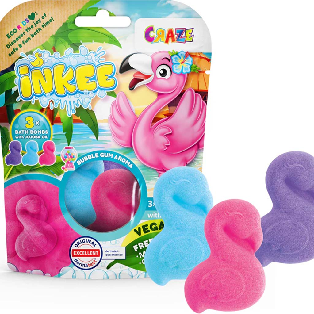 imagen de Craze Inkee: Molde de baño vegano en forma de flamenco paquete de 3 piezas con aroma a chicle 1