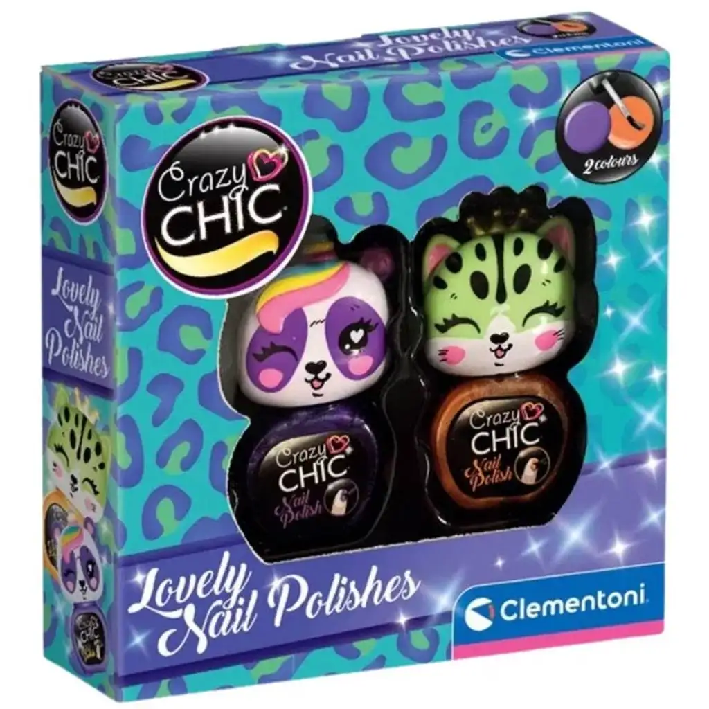 imagen de Crazy Chic: Lovely Nail esmalte de uñas con pincel en forma de animal 2 piezas set amarillo y rosa - Clementoni 1