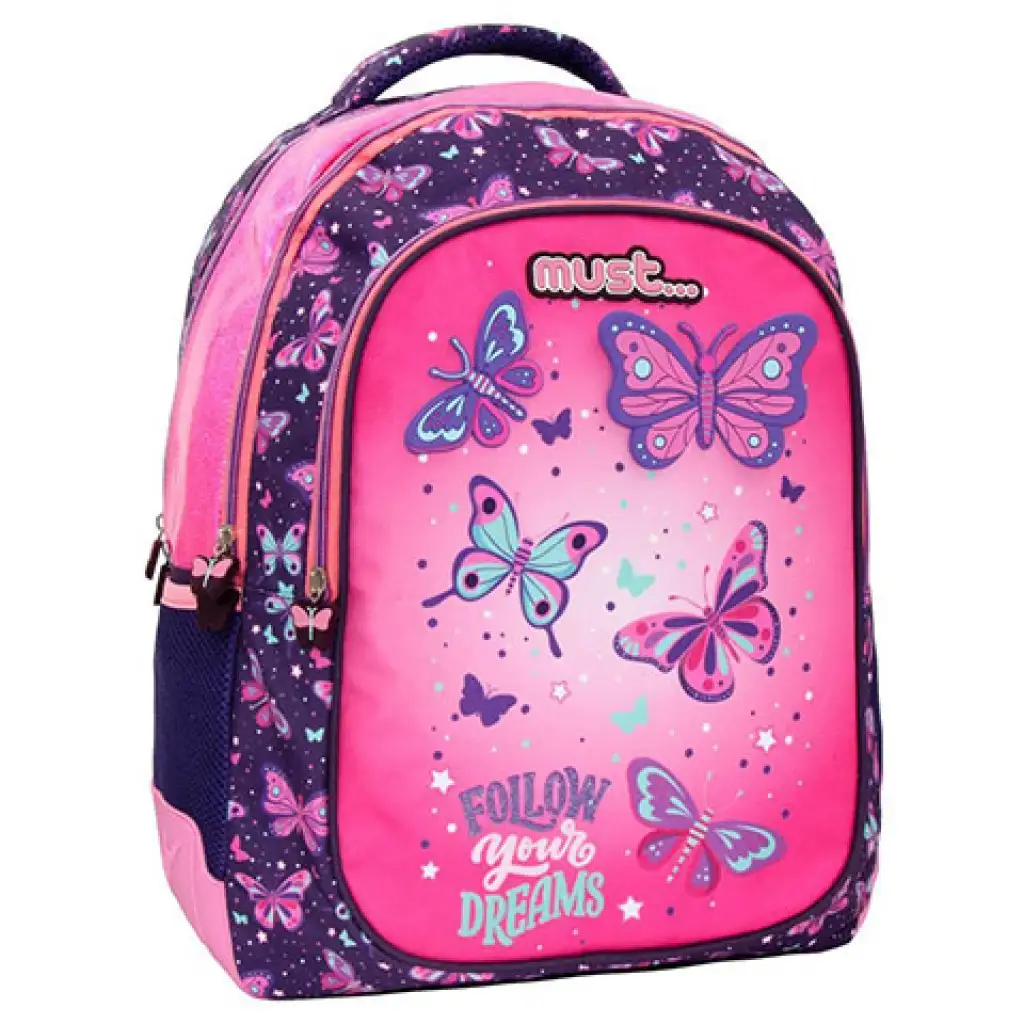 imagen de Debes... Sigue tus sueños Mochila escolar de mariposas con esquinas redondeadas de 32x18x43cm 1