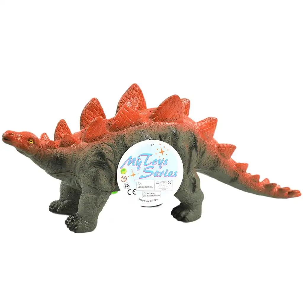 imagen de Dino World: Figura de dinosaurio Stegosaurus de material vinílico que emite sonido con relleno de algodón en tamaño de 35 cm 1