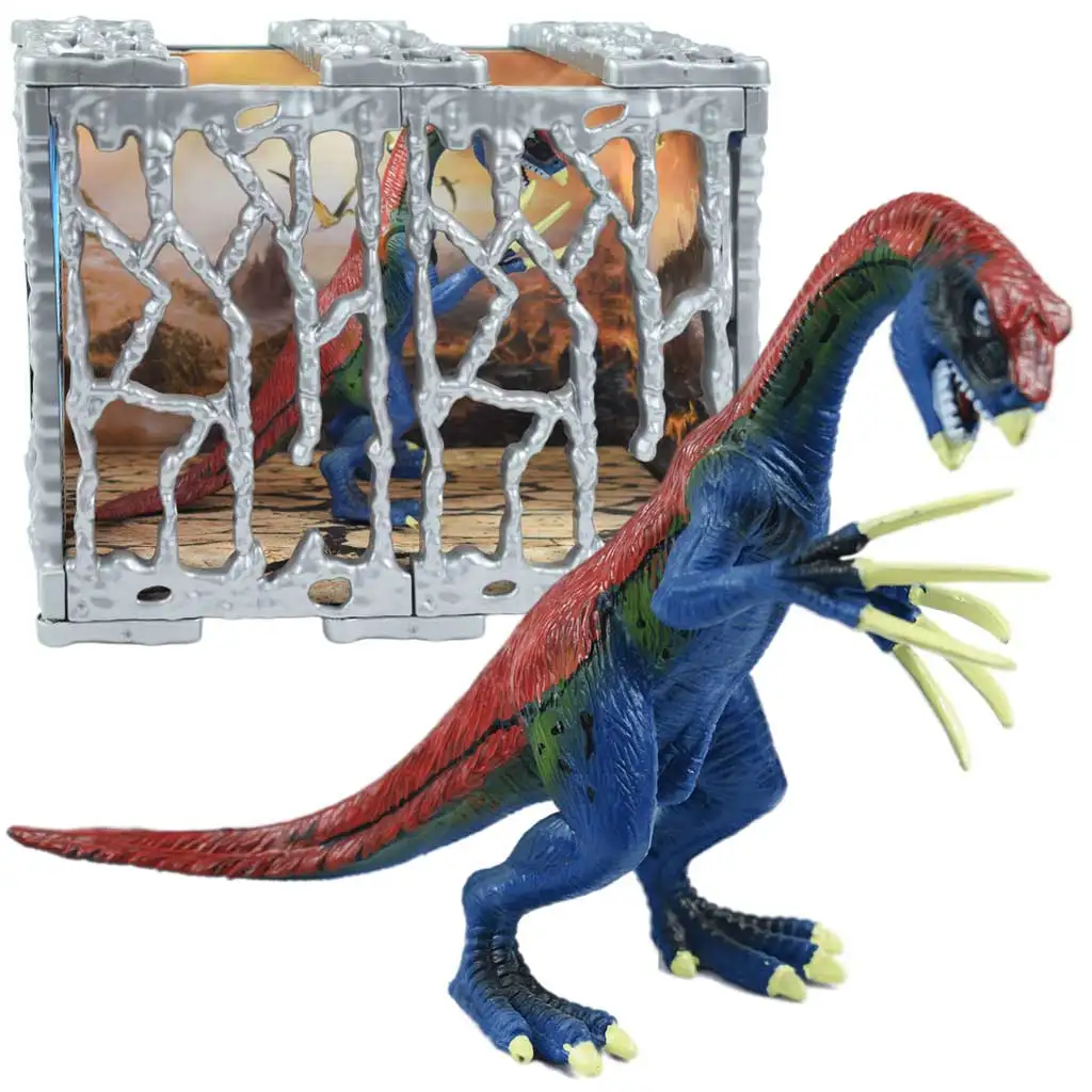 imagen de Dino World: Figura de dinosaurio Therizinosaurus de 20 cm meticulosamente detallada en una jaula 2