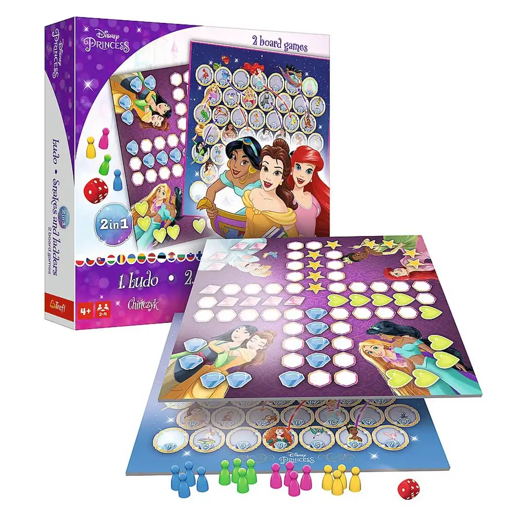 imagen de Disney Princesas 2 en 1 juego de mesa: ¿Quién ríe al final? y Serpientes y escaleras - Trefl 3
