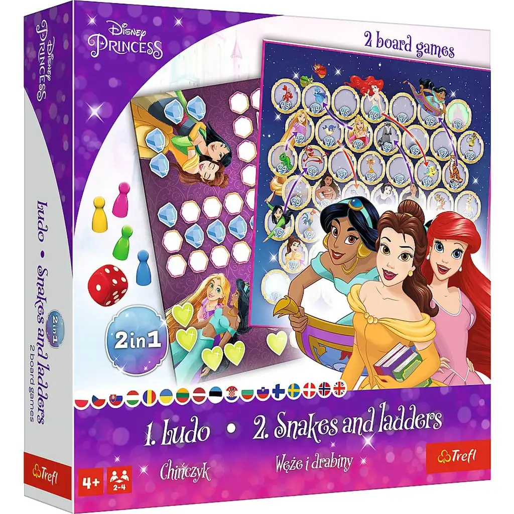 imagen de Disney Princesas 2 en 1 juego de mesa: ¿Quién ríe al final? y Serpientes y escaleras - Trefl 1