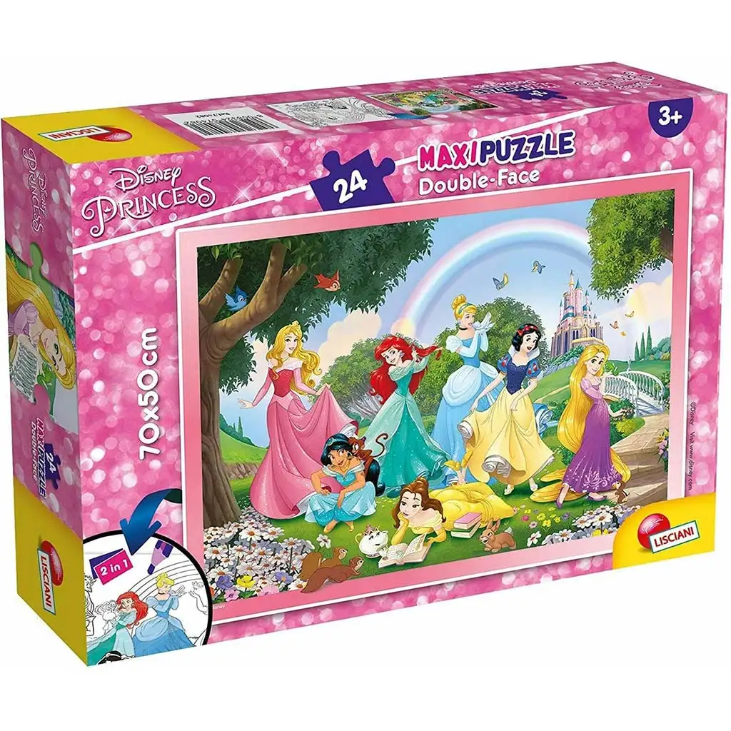 imagen de Disney Princesas 2 en 1 maxi puzzle y colorear de 24 piezas 70x50cm - Lisciani 1
