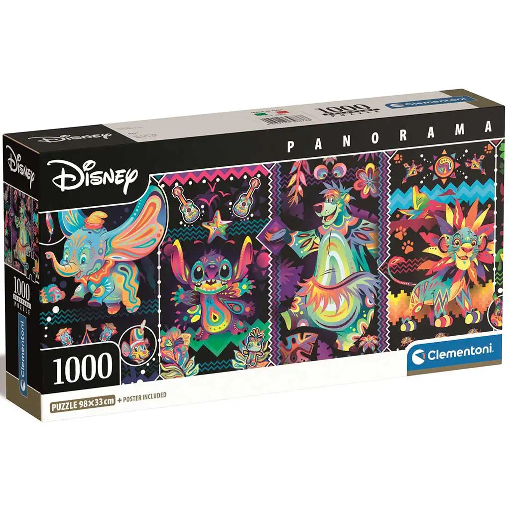 imagen de Disney: Puzzle panorámico de 1000 piezas de personajes neón 98x33cm - Clementoni 1