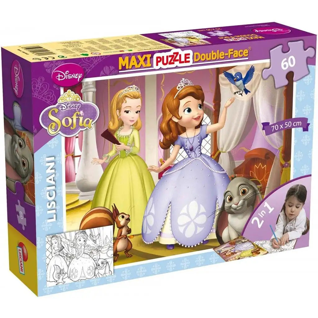 imagen de Disney Sofía la princesa 2 en 1 60 piezas maxi puzzle y colorear 70x50cm - Lisciani 1