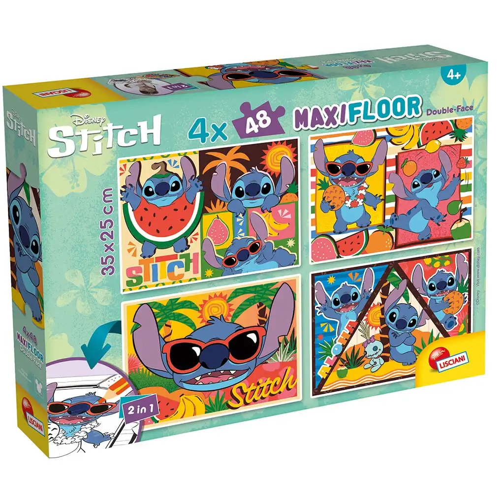 imagen de Disney Stitch 2 en 1 maxi rompecabezas de 4x48 piezas y colorear 35x25cm - Lisciani 1