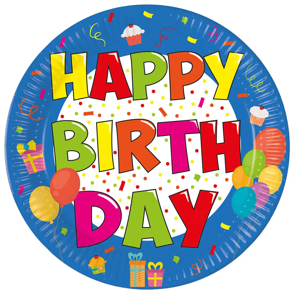 imagen de Divertido plato de papel colorido con la inscripción "Happy Birthday" set de 8 unidades 1