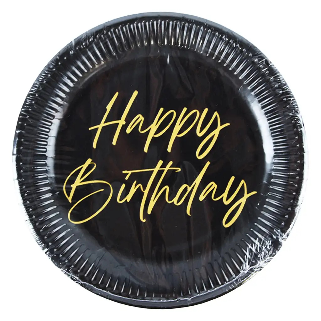 imagen de Elegante plato de papel negro y dorado con la inscripción "Happy Birthday" set de 8 unidades 23cm 1