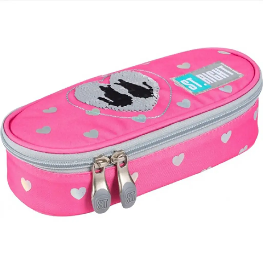 imagen de Estuche ovalado rosa con estampado de gatos de St.Right con purpurina 23cm 1