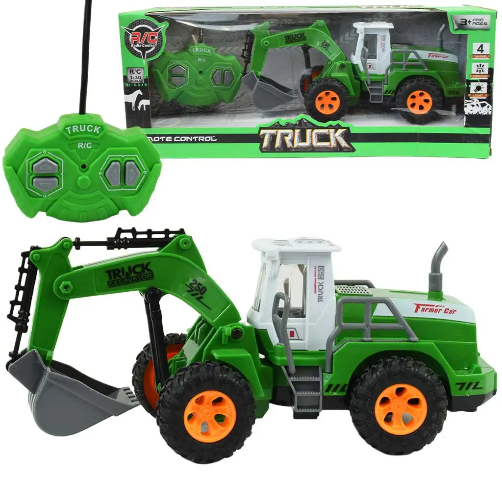 imagen de Excavadora RC a control remoto en color verde con efectos de luz 1/30 de escala 22cm 1