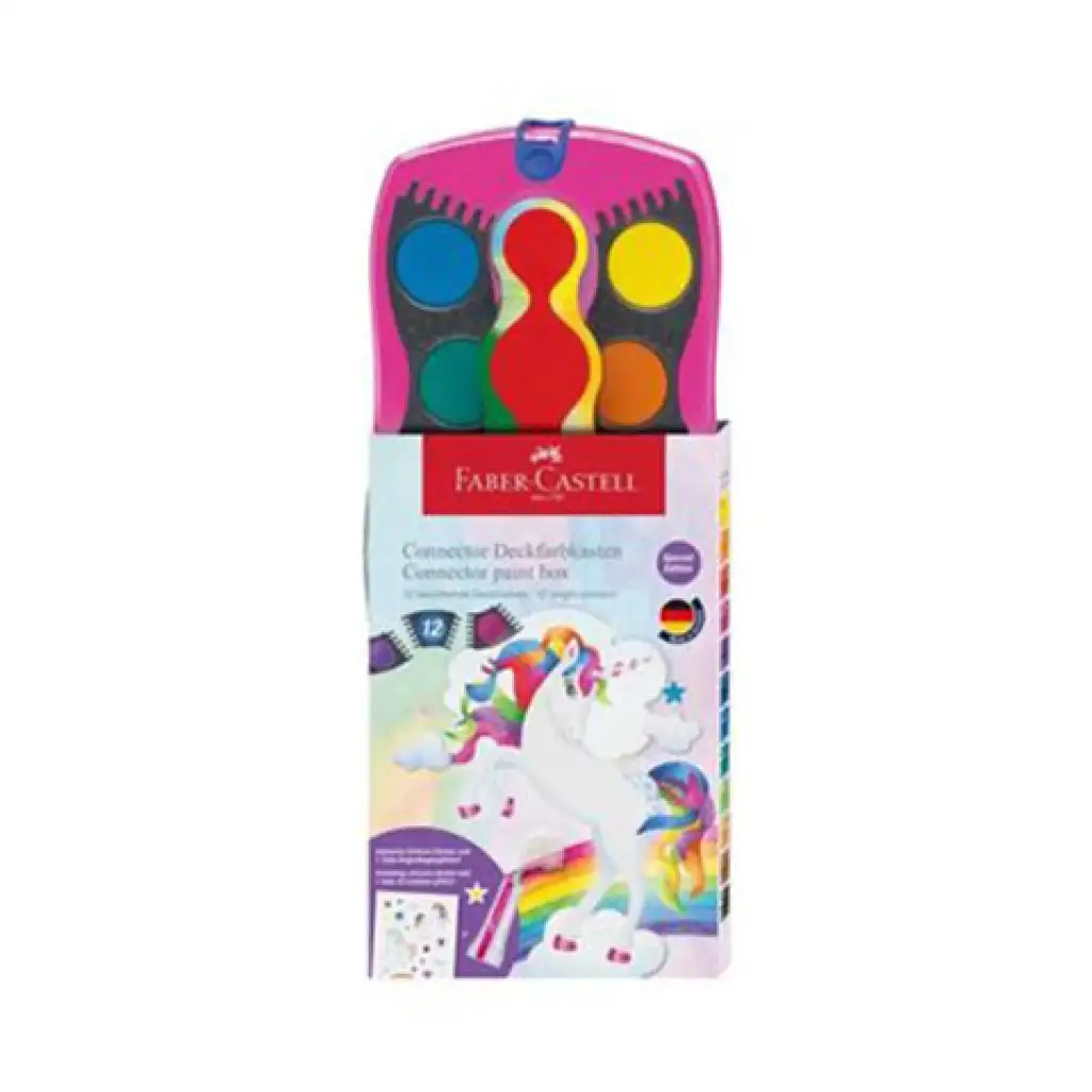 imagen de Faber-Castell: Acuarelas set de 12 piezas con pegatinas de unicornio y purpurina arcoíris 1
