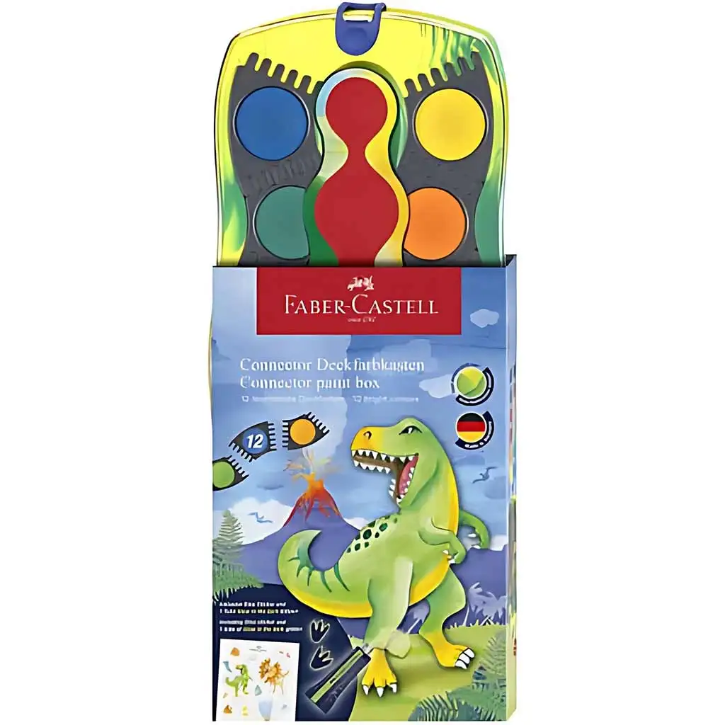 imagen de Faber-Castell: Conector set de acuarelas de 12 piezas con paletas encajables, con diseño de dinosaurios 1