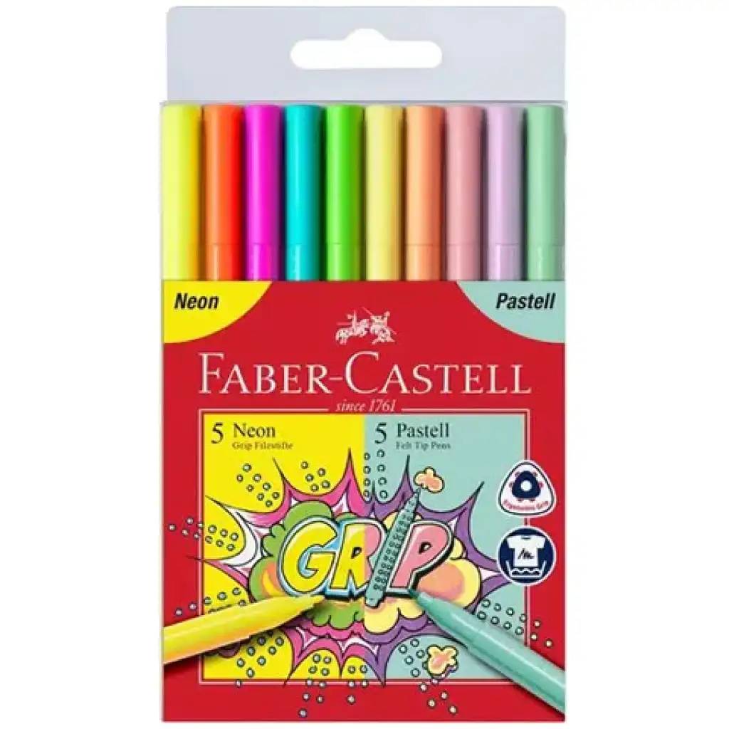 imagen de Faber-Castell: Grip neón y set de rotuladores pastel 5+5 unidades 1