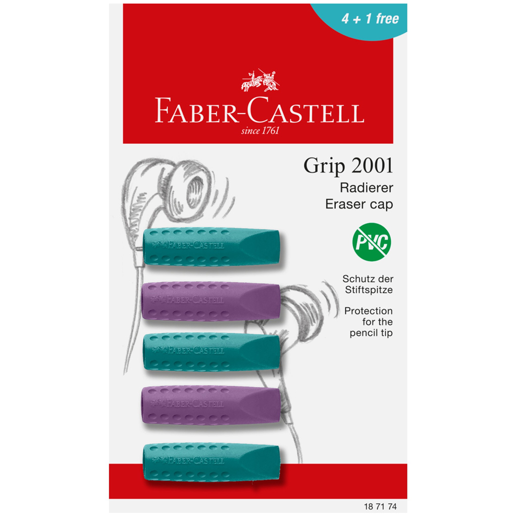 imagen de Faber-Castell: GRIP set de 5 gomas de borrar con tapa en color púrpura y azul 1