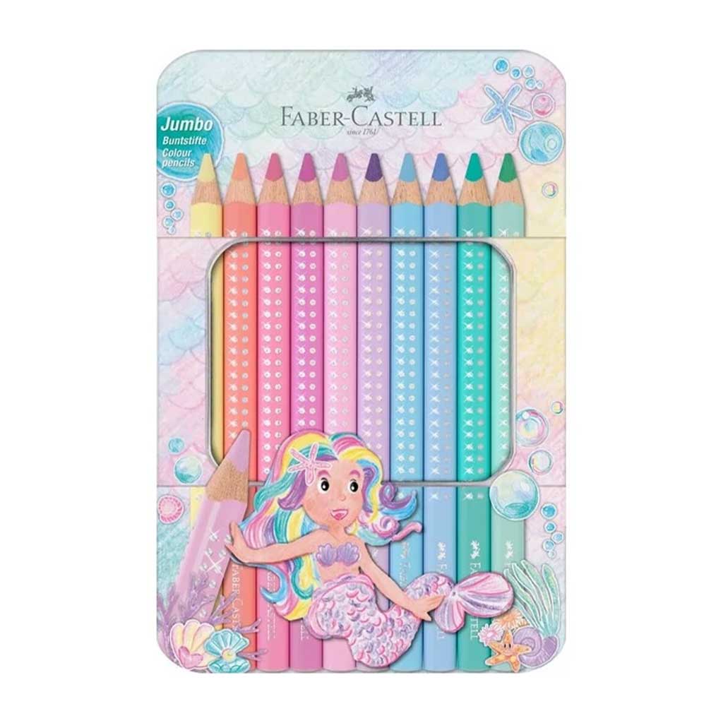 imagen de Faber-Castell: Sparkle Jumbo triángulo pastel lápices de colores set de 10 en caja de metal 1