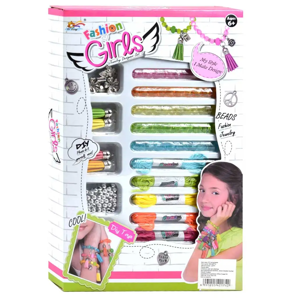 imagen de Fashion Girls: Set de creación de pulseras de hilo con más de 100 cuentas de colores y accesorios 1